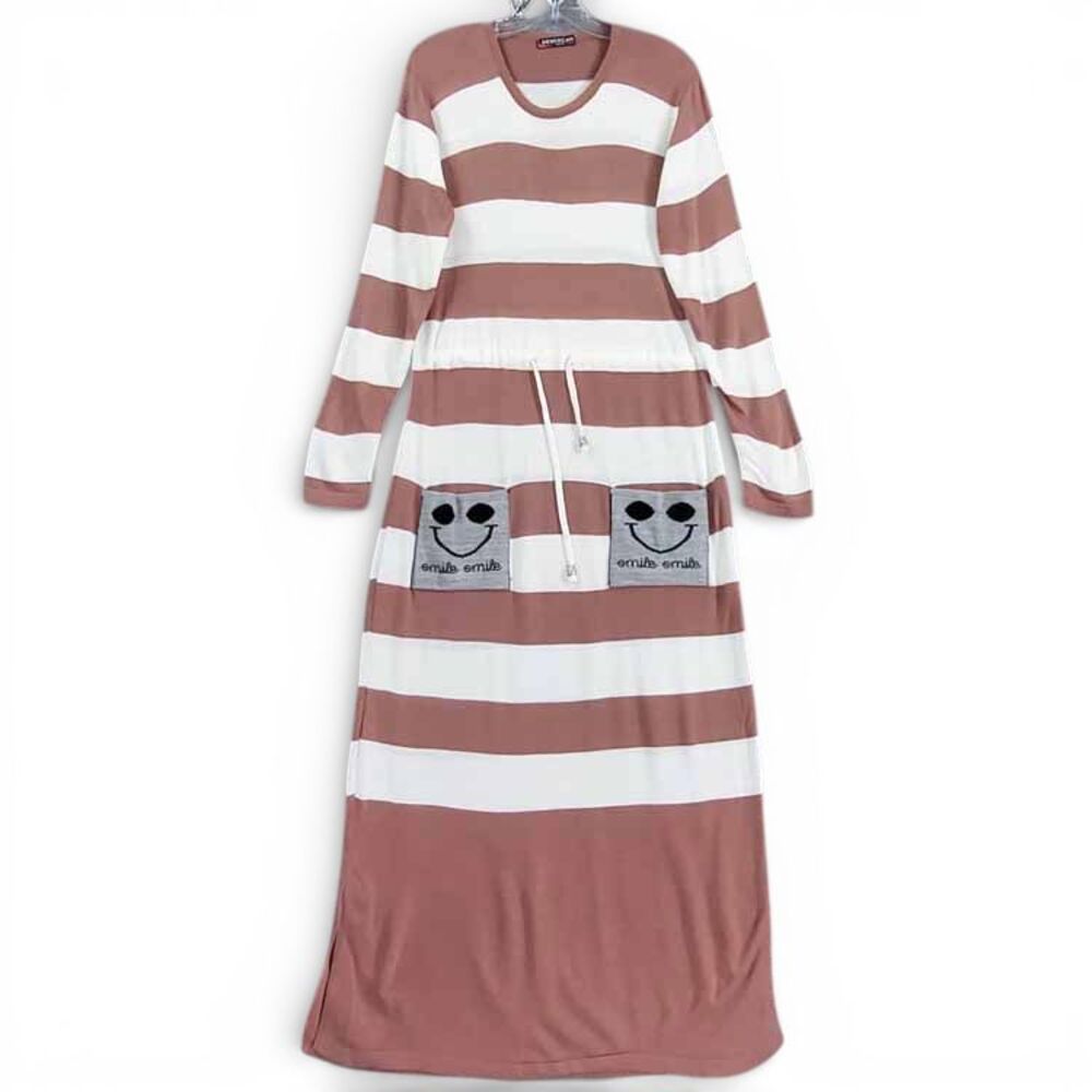 Striped Knit Maxi Dress Sz XS Smiley Patch Pockets Long Sleeve Boho Casual